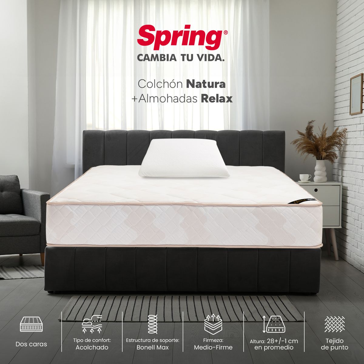 COLCHONES SPRING - Colchón Spring Doble Firmeza Media Ortopédico Resortado Natura 140 x 190 cm + 2 Almohadas