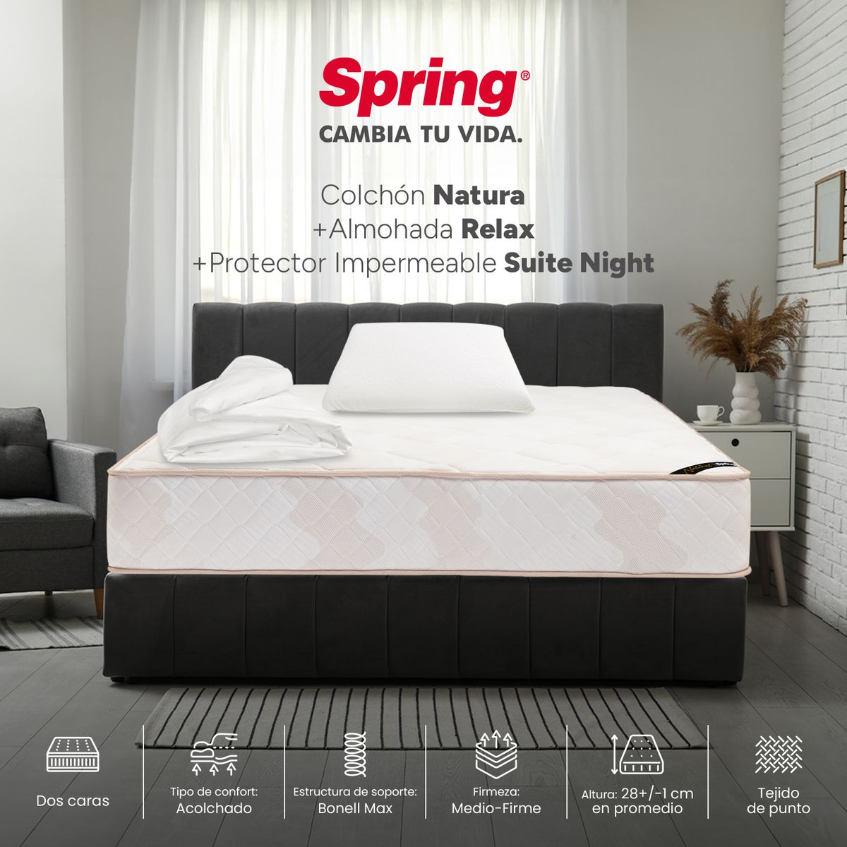 COLCHONES SPRING - Colchón Spring Semidoble Firmeza Media Ortopédico Resortado Natura 120 x 190 cm + Almohada + Protector