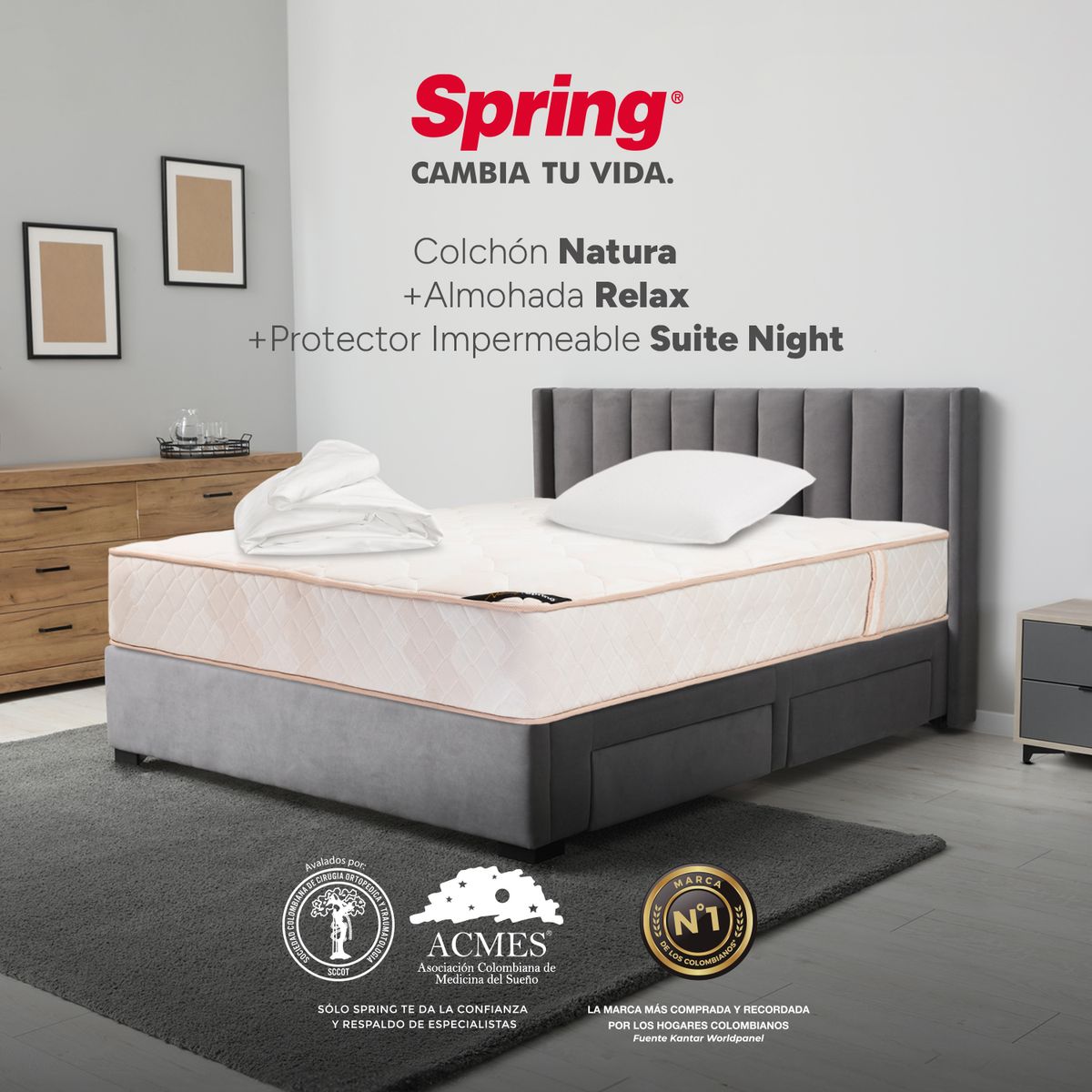 COLCHONES SPRING - Colchón Spring Semidoble Firmeza Media Ortopédico Resortado Natura 120 x 190 cm + Almohada + Protector
