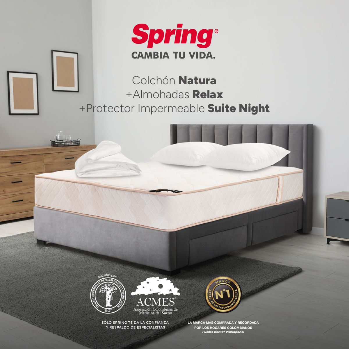 COLCHONES SPRING - Colchón Spring Queen Firmeza Media Ortopédico Resortado Natura 160 x 190 cm + 2 Almohadas + Protector