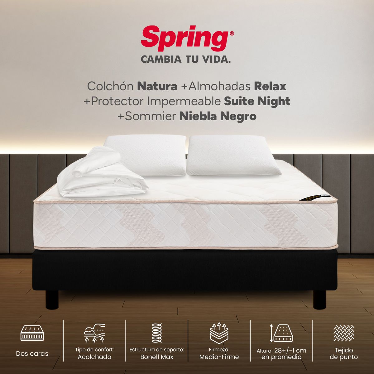 COLCHONES SPRING - Colchón Spring Semidoble Con Base Cama Firmeza Media Ortopédico Resortado Natura 120 x 190 cm + Almohada + Protector