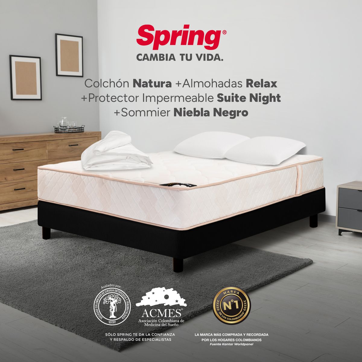 COLCHONES SPRING - Colchón Spring Semidoble Con Base Cama Firmeza Media Ortopédico Resortado Natura 120 x 190 cm + Almohada + Protector