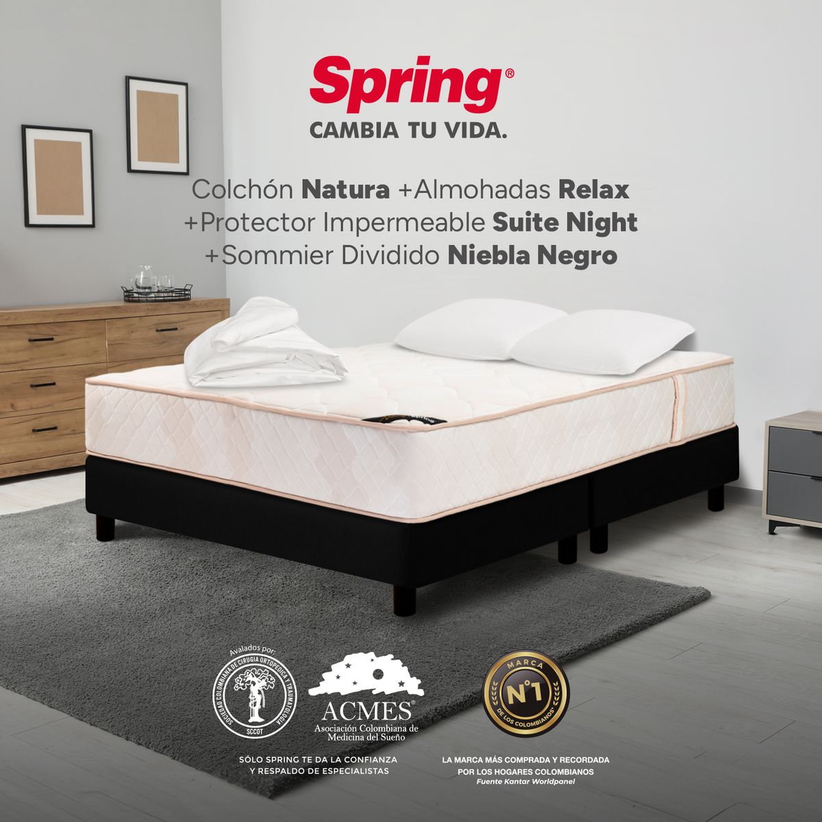 COLCHONES SPRING - Colchón Spring Semidoble Con Base Cama Firmeza Media Ortopédico Resortado Natura 120 x 190 cm + Almohada + Protector