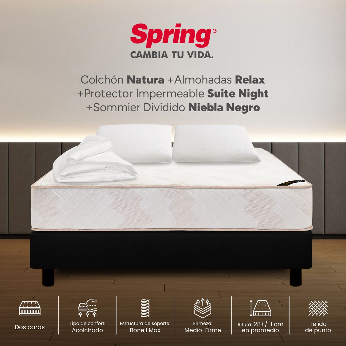 COLCHONES SPRING - Colchón Spring Queen Con Base Cama Firmeza Media Ortopédico Resortado Natura 160 x 190 cm + 2 Almohadas + Protector