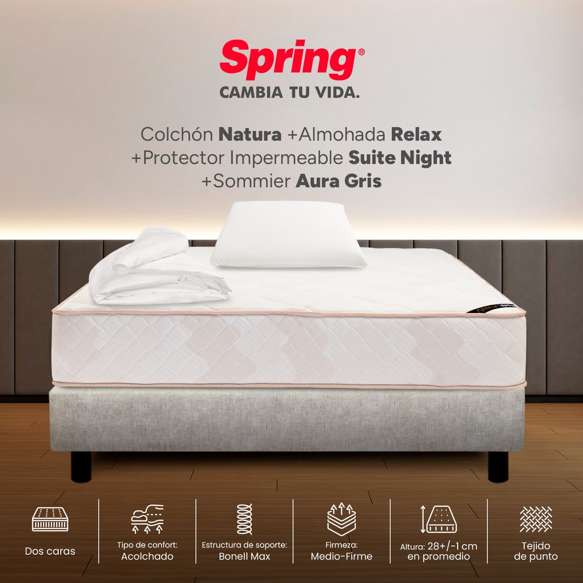 COLCHONES SPRING - Colchón Spring Semidoble Con Base Cama Firmeza Media Ortopédico Resortado Natura 120 x 190 cm + Almohada + Protector