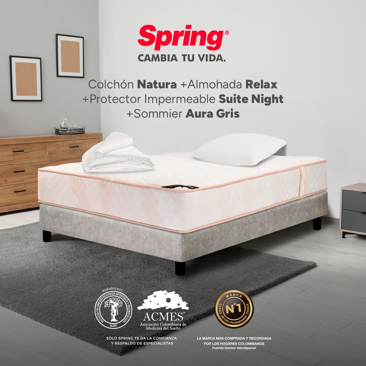 COLCHONES SPRING - Colchón Spring Semidoble Con Base Cama Firmeza Media Ortopédico Resortado Natura 120 x 190 cm + Almohada + Protector