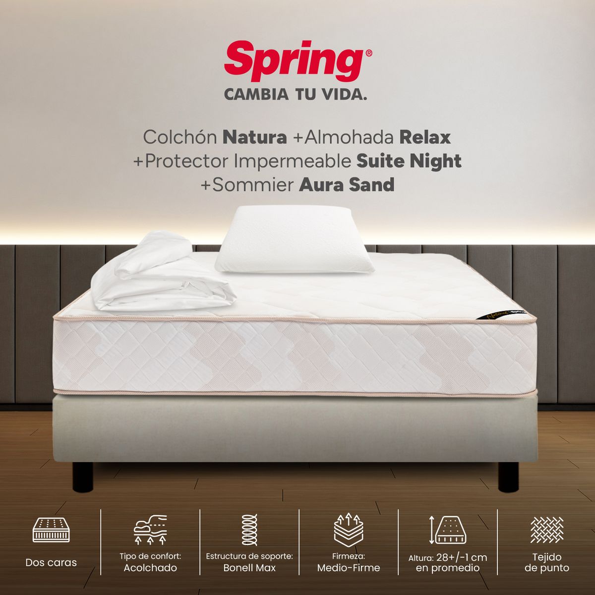 COLCHONES SPRING - Colchón Spring Sencillo Con Base Cama Firmeza Media Ortopédico Resortado Natura 100 x 190 cm + Almohada + Protector