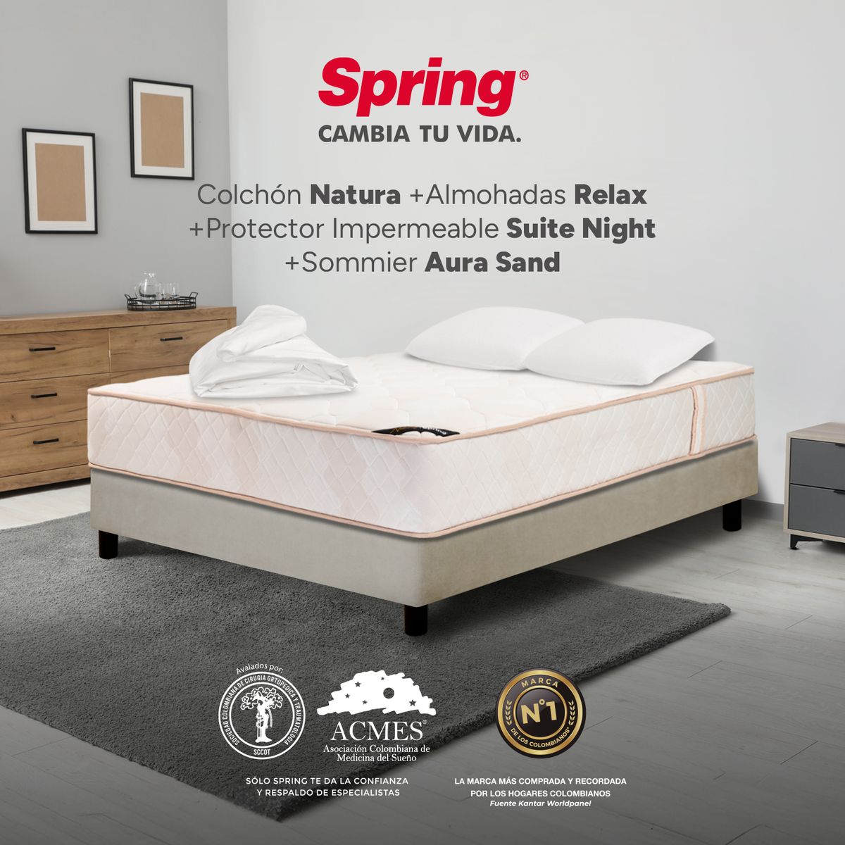 COLCHONES SPRING - Colchón Spring Semidoble Con Base Cama Firmeza Media Ortopédico Resortado Natura 120 x 190 cm + Almohada + Protector