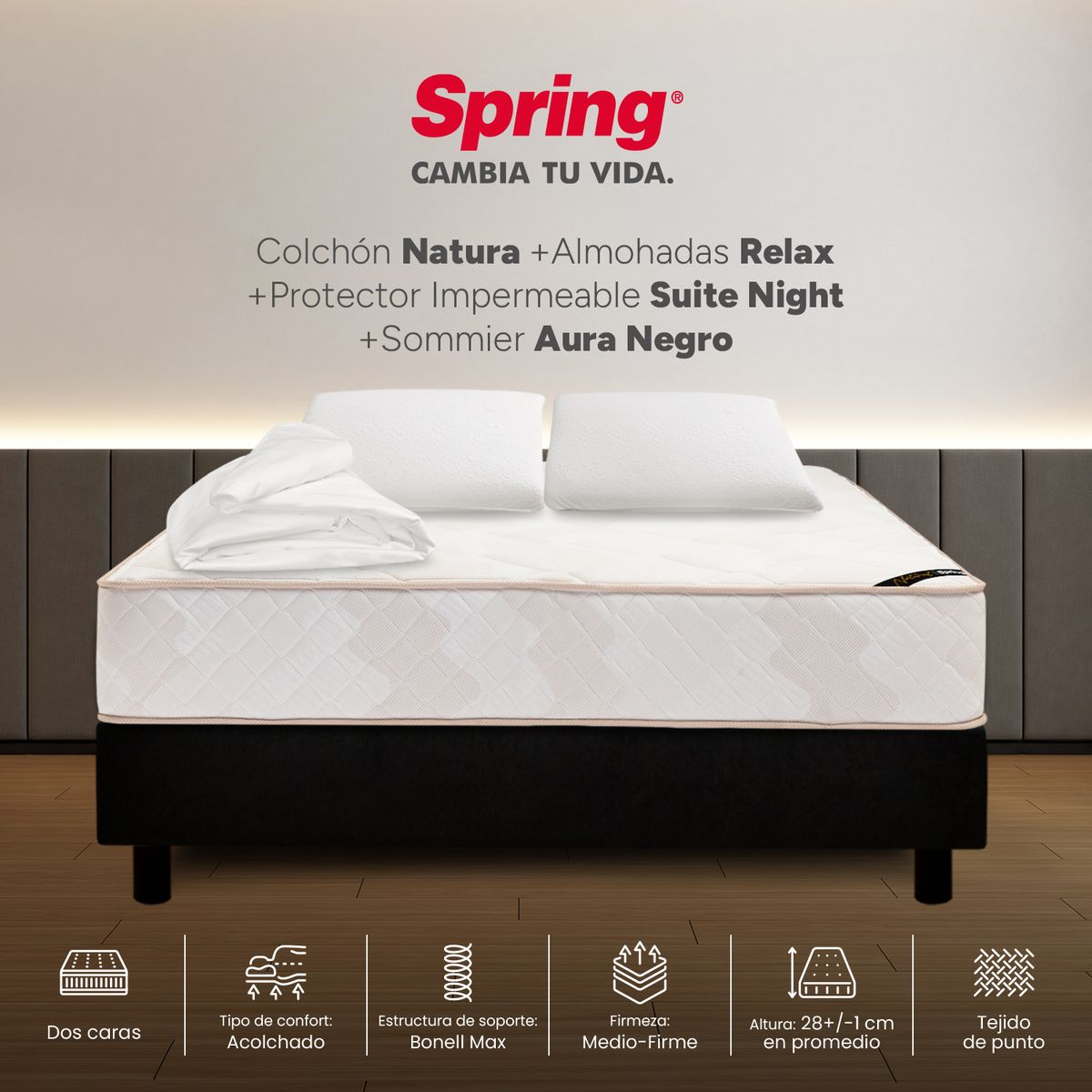 COLCHONES SPRING - Colchón Spring Semidoble Con Base Cama Firmeza Media Ortopédico Resortado Natura 120 x 190 cm + Almohada + Protector