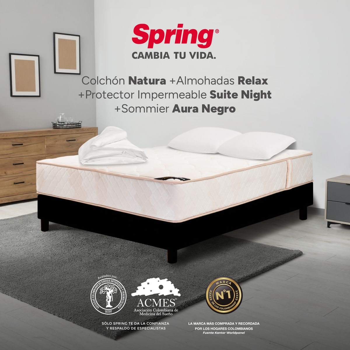 COLCHONES SPRING - Colchón Spring Semidoble Con Base Cama Firmeza Media Ortopédico Resortado Natura 120 x 190 cm + Almohada + Protector