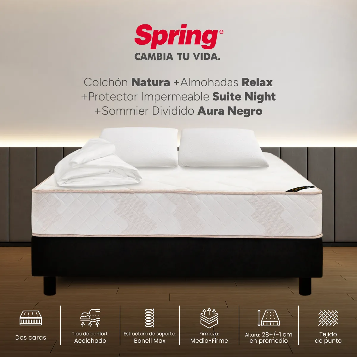 COLCHONES SPRING - Colchón Spring Doble Con Base Cama Firmeza Media Ortopédico Resortado Natura 140 x 190 cm + 2 Almohadas + Protector