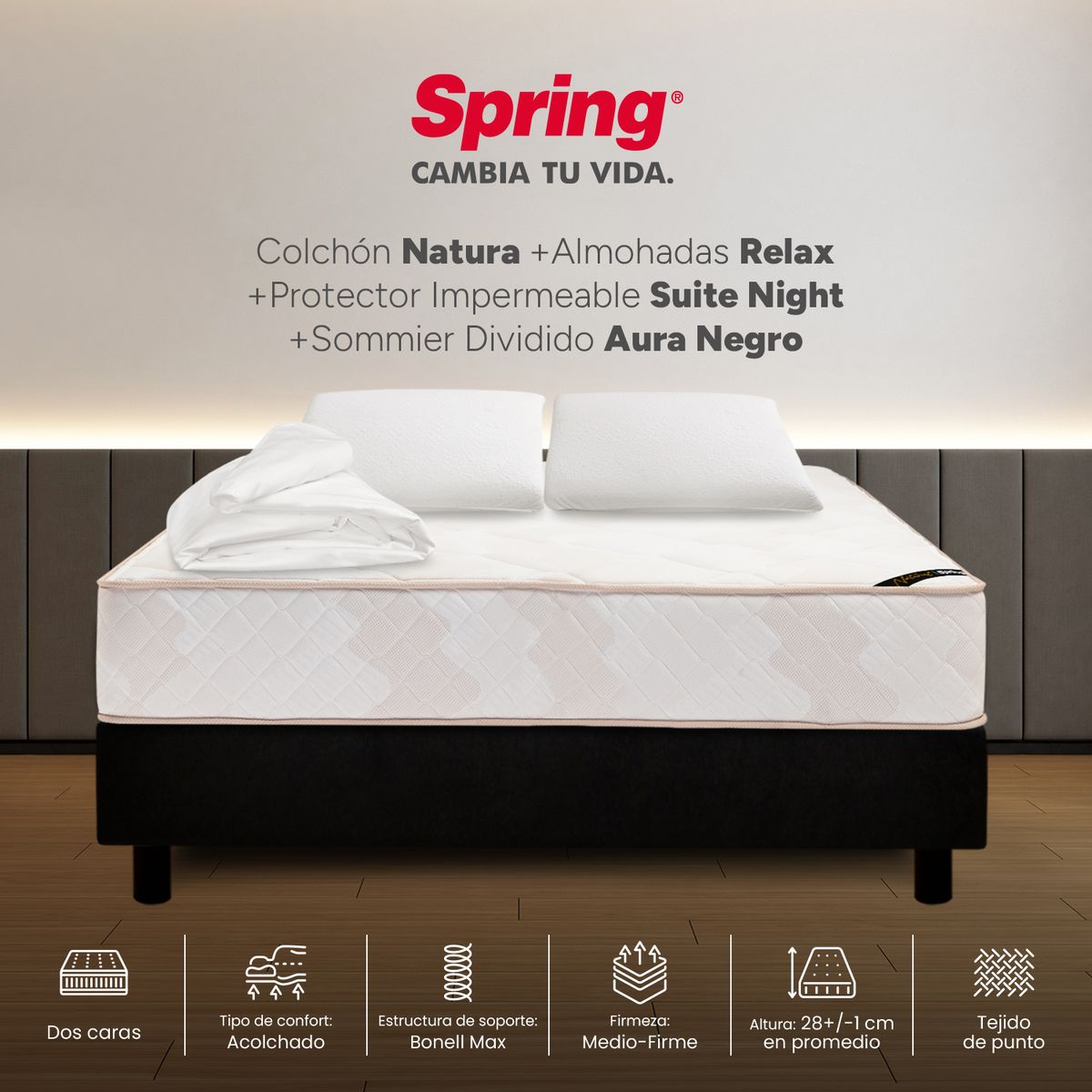 COLCHONES SPRING - Colchón Spring King Con Base Cama Firmeza Media Ortopédico Resortado Natura 200 x 200 cm + 2 Almohadas + Protector