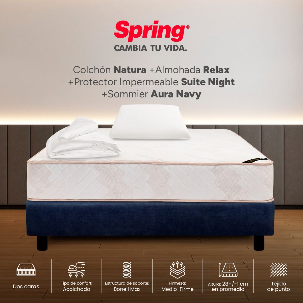 COLCHONES SPRING - Colchón Spring Sencillo Con Base Cama Firmeza Media Ortopédico Resortado Natura 100 x 190 cm + Almohada + Protector