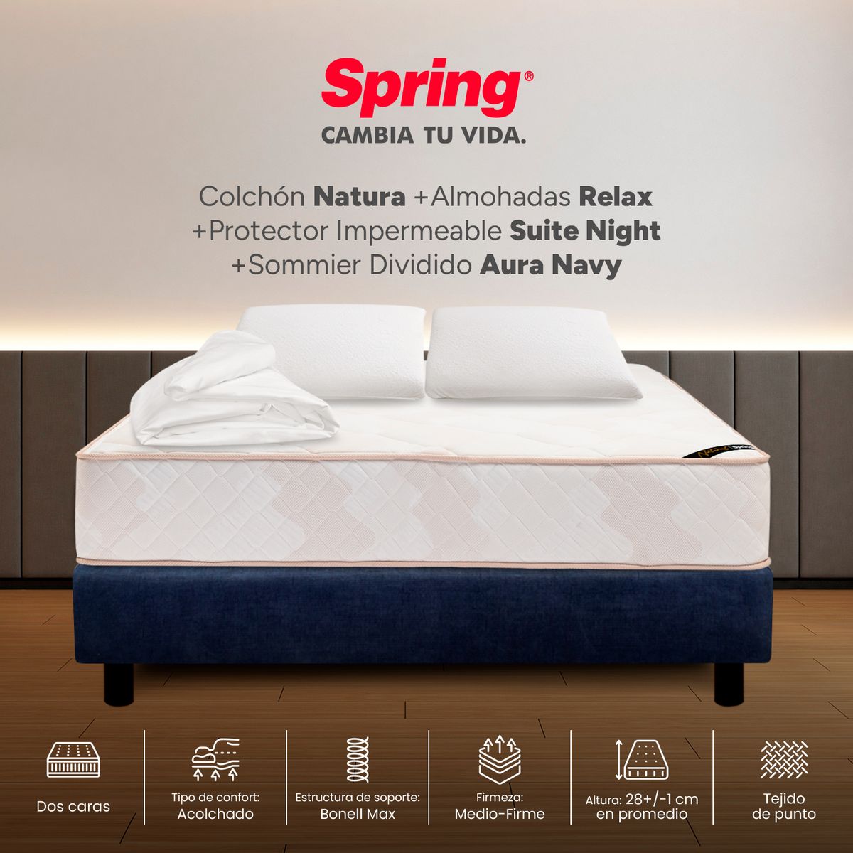 COLCHONES SPRING - Colchón Spring King Con Base Cama Firmeza Media Ortopédico Resortado Natura 200 x 200 cm + 2 Almohadas + Protector