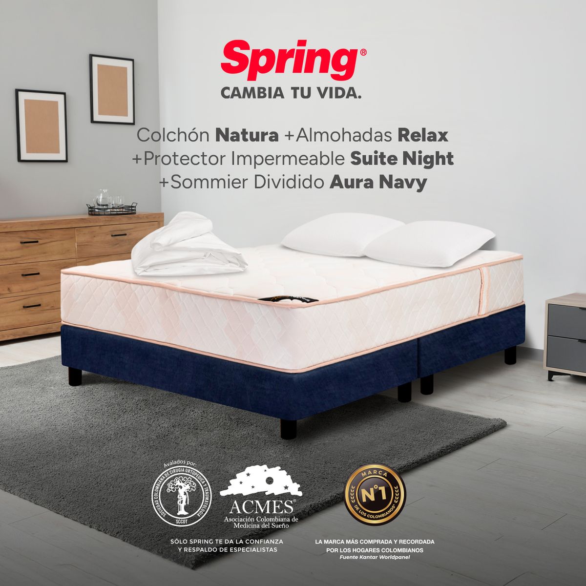 COLCHONES SPRING - Colchón Spring King Con Base Cama Firmeza Media Ortopédico Resortado Natura 200 x 200 cm + 2 Almohadas + Protector