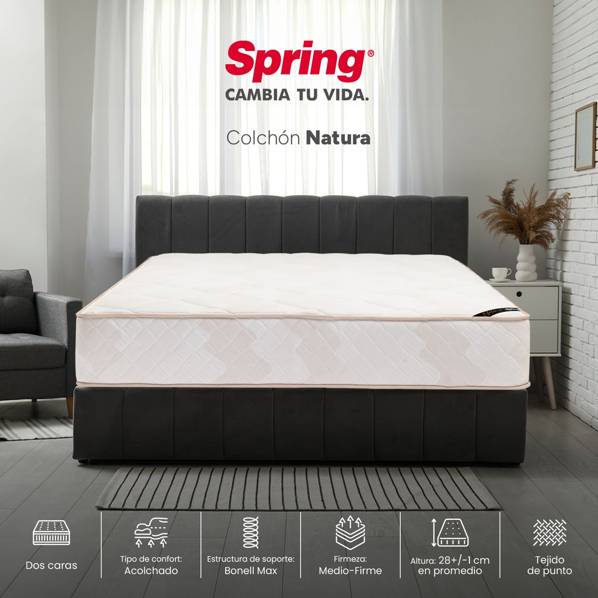 COLCHONES SPRING - Colchón Spring Semidoble Firmeza Media Ortopédico Resortado Natura 120 x 190 cm