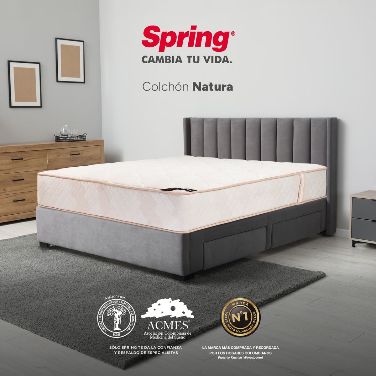 COLCHONES SPRING - Colchón Spring Semidoble Firmeza Media Ortopédico Resortado Natura 120 x 190 cm