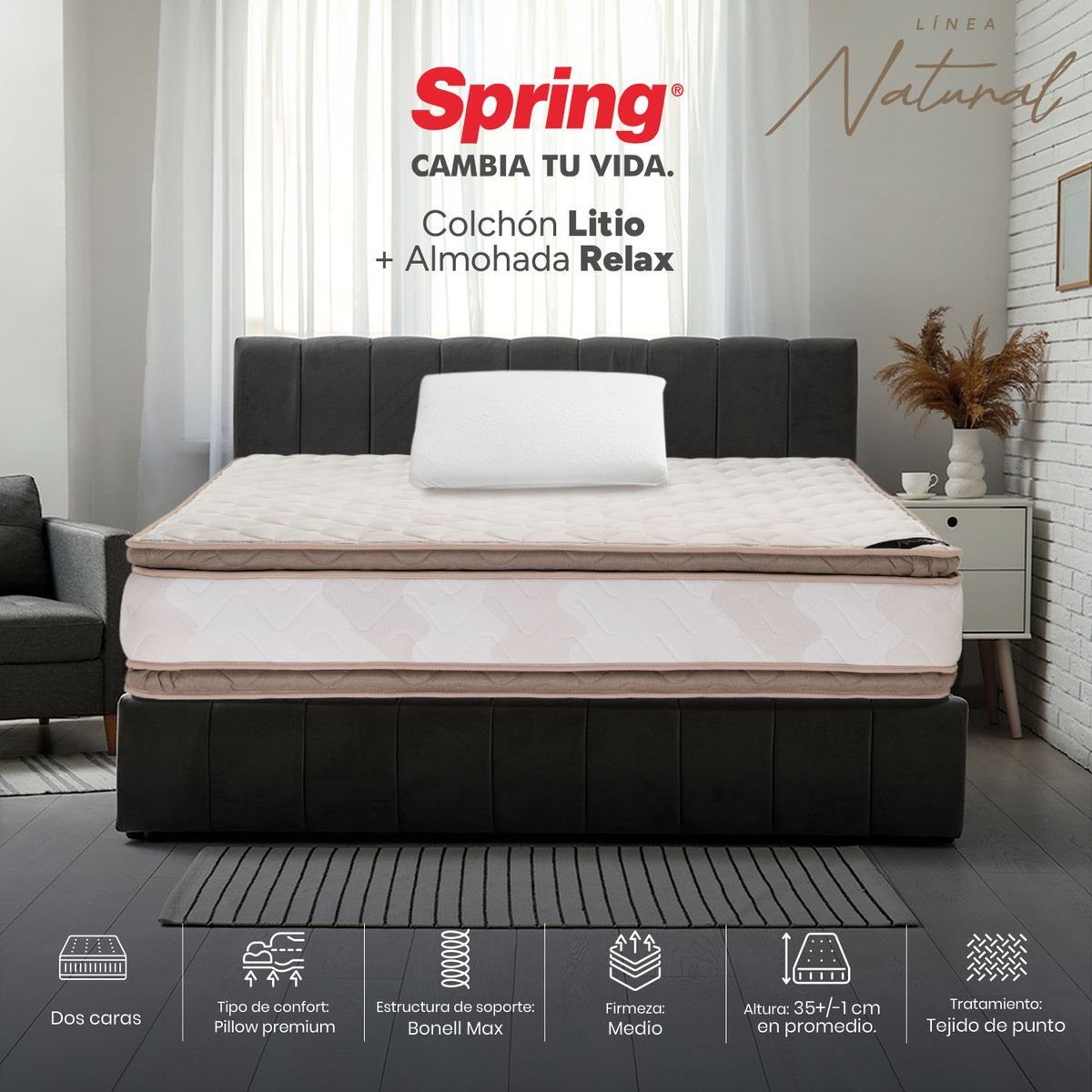 COLCHONES SPRING - Colchón Spring Sencillo Firmeza Media Ortopédico Resortado Litio 100 x 190 cm + Almohada