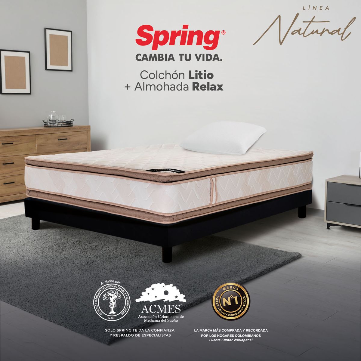 COLCHONES SPRING - Colchón Spring Sencillo Firmeza Media Ortopédico Resortado Litio 100 x 190 cm + Almohada