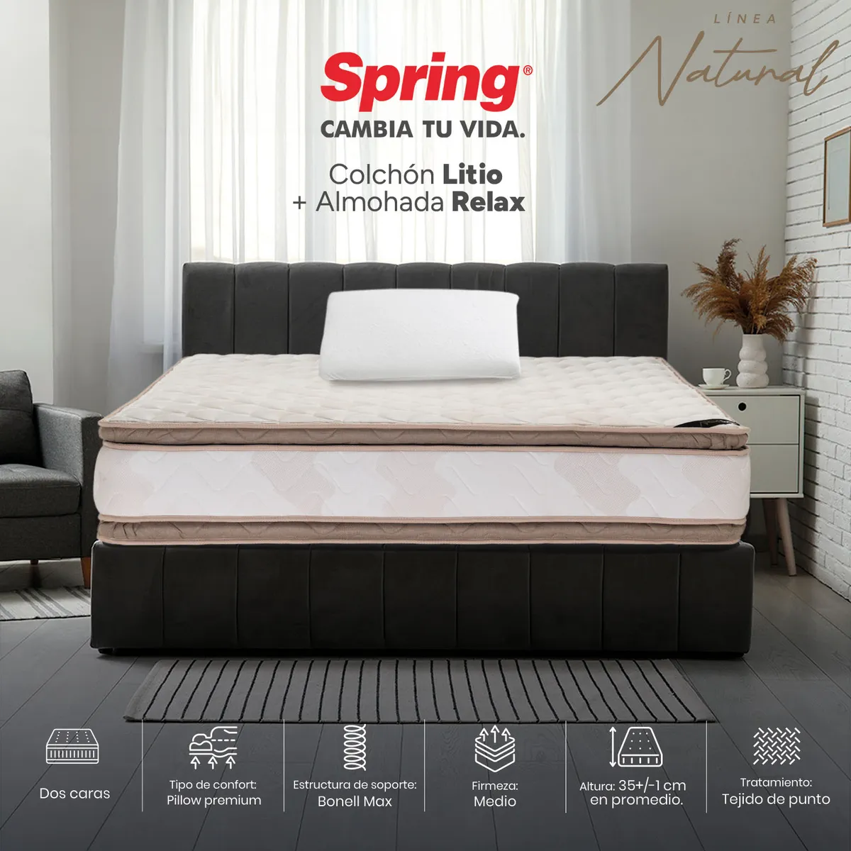 COLCHONES SPRING - Colchón Spring Semidoble Firmeza Media Ortopédico Resortado Litio 120 x 190 cm + Almohada