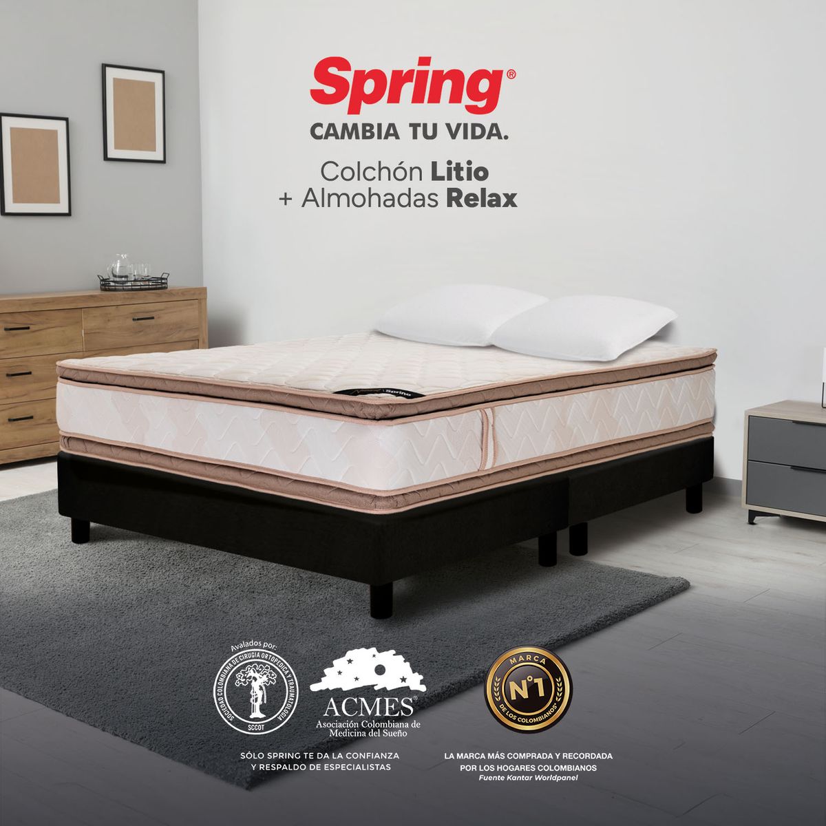 COLCHONES SPRING - Colchón Spring Doble Firmeza Media Ortopédico Resortado Litio 140 x 190 cm + 2 Almohadas