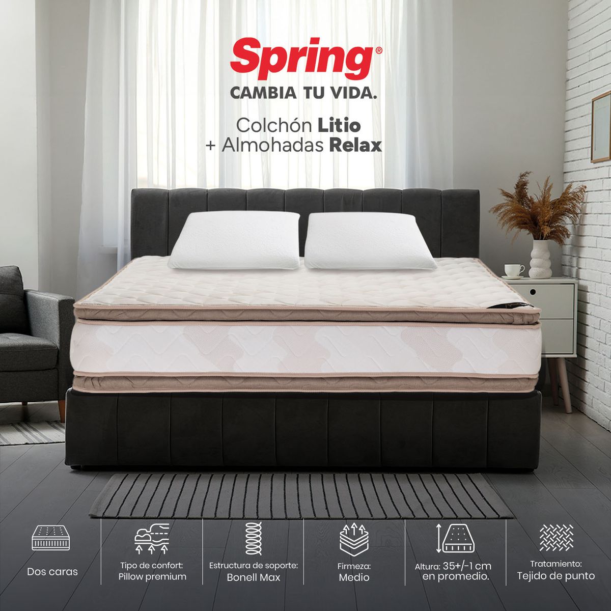 COLCHONES SPRING - Colchón Spring Queen Firmeza Media Ortopédico Resortado Litio 160 x 190 cm + 2 Almohadas