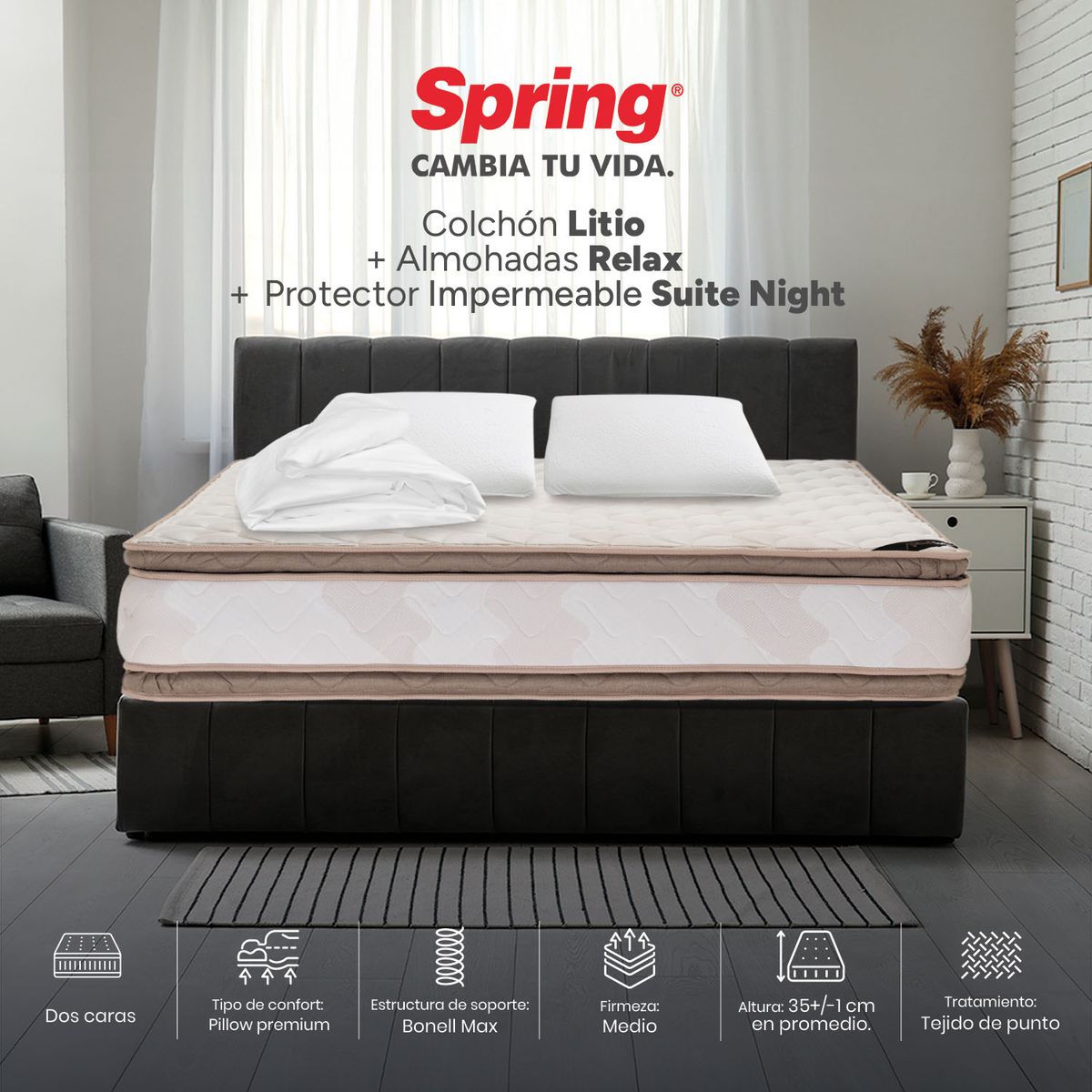 COLCHONES SPRING - Colchón Spring Doble Firmeza Media Ortopédico Resortado Litio 140 x 190 cm + 2 Almohadas + Protector