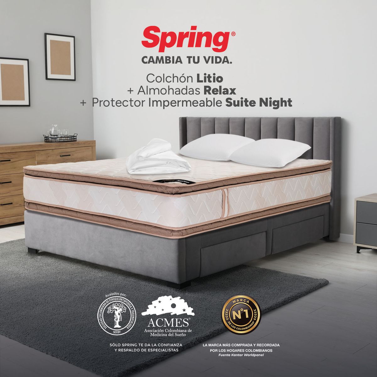 COLCHONES SPRING - Colchón Spring Doble Firmeza Media Ortopédico Resortado Litio 140 x 190 cm + 2 Almohadas + Protector