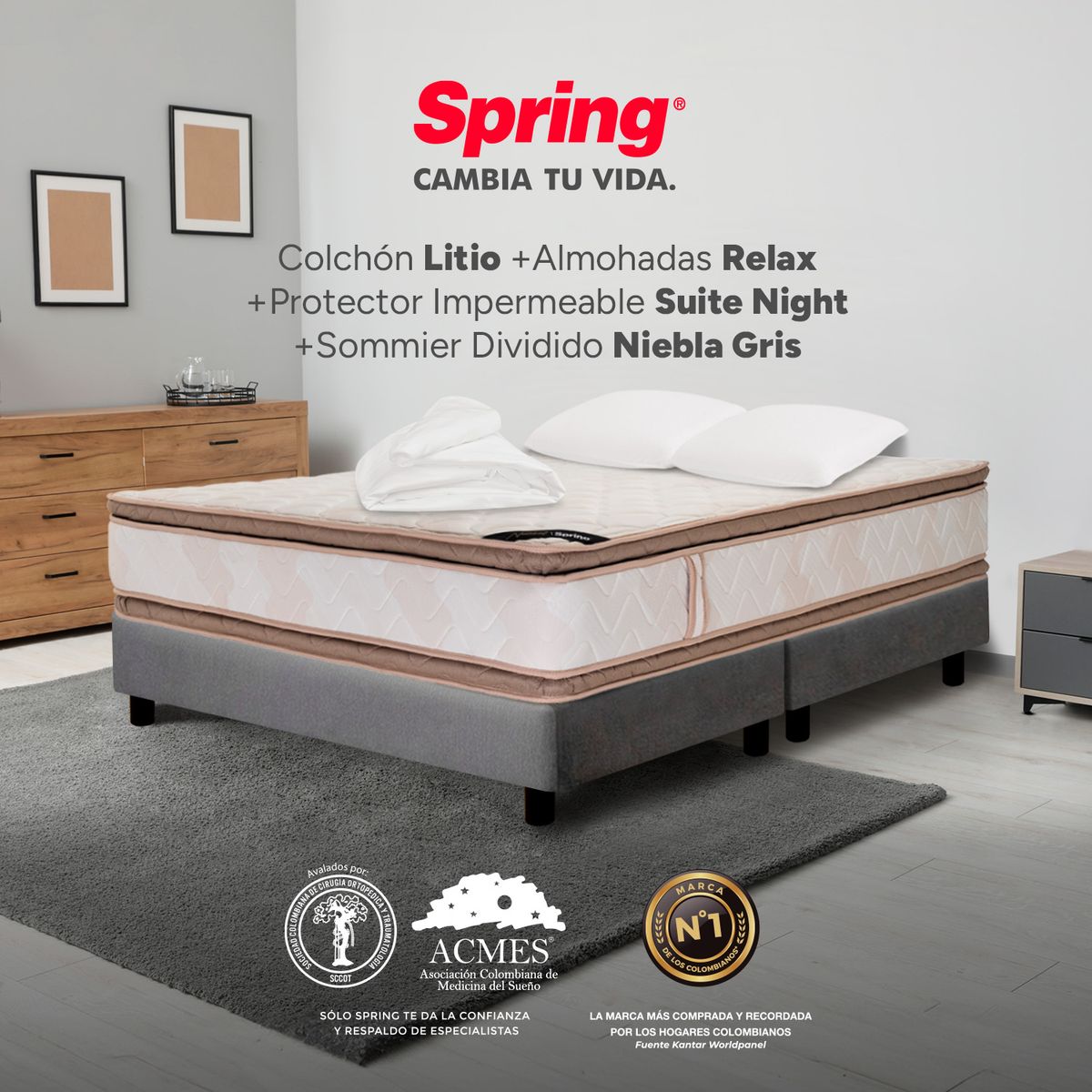 COLCHONES SPRING - Colchón Spring Queen Con Base Cama Firmeza Media Ortopédico Resortado Litio 160 x 190 cm + 2 Almohadas + Protector
