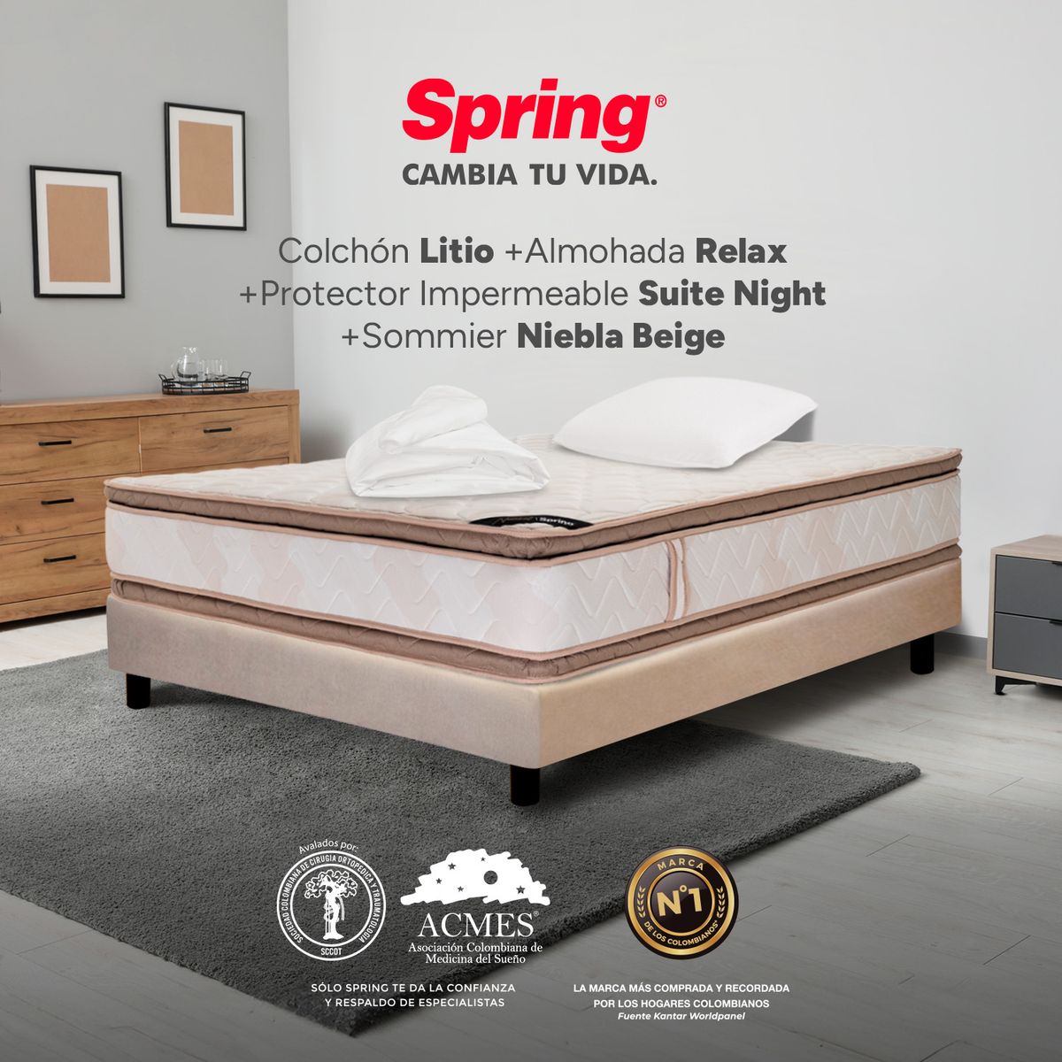 COLCHONES SPRING - Colchón Spring Sencillo Con Base Cama Firmeza Media Ortopédico Resortado Litio 100 x 190 cm + Almohada + Protector