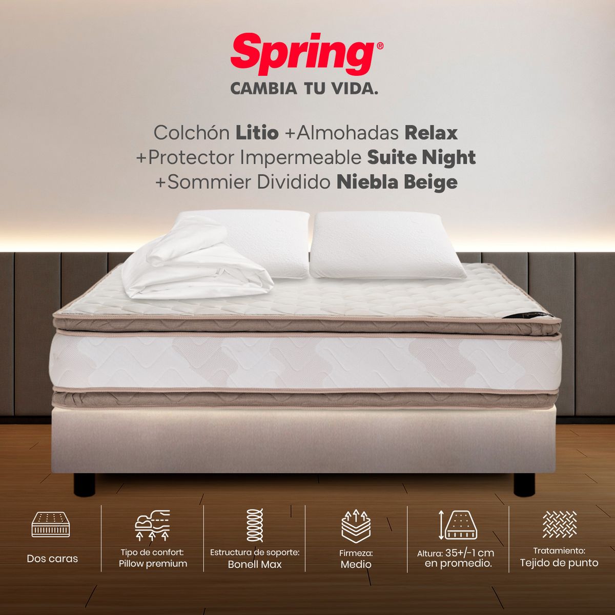COLCHONES SPRING - Colchón Spring King Con Base Cama Firmeza Media Ortopédico Resortado Litio 200 x 200 cm + 2 Almohadas + Protector