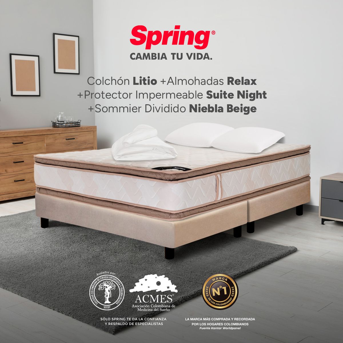 COLCHONES SPRING - Colchón Spring King Con Base Cama Firmeza Media Ortopédico Resortado Litio 200 x 200 cm + 2 Almohadas + Protector