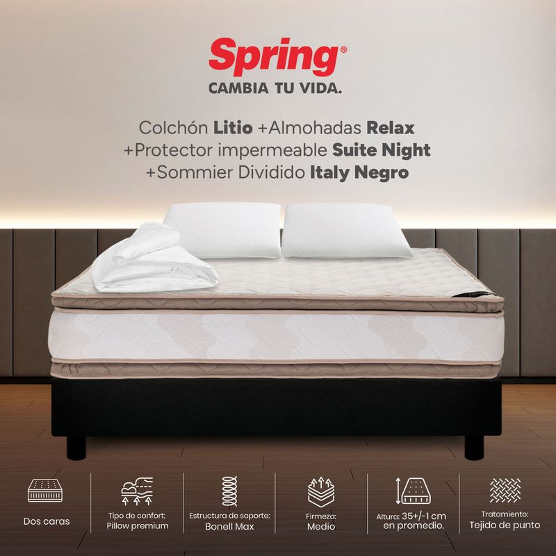 COLCHONES SPRING - Colchón Spring Doble Con Base Cama Firmeza Media Ortopédico Resortado Litio 140 x 190 cm + 2 Almohadas + Protector