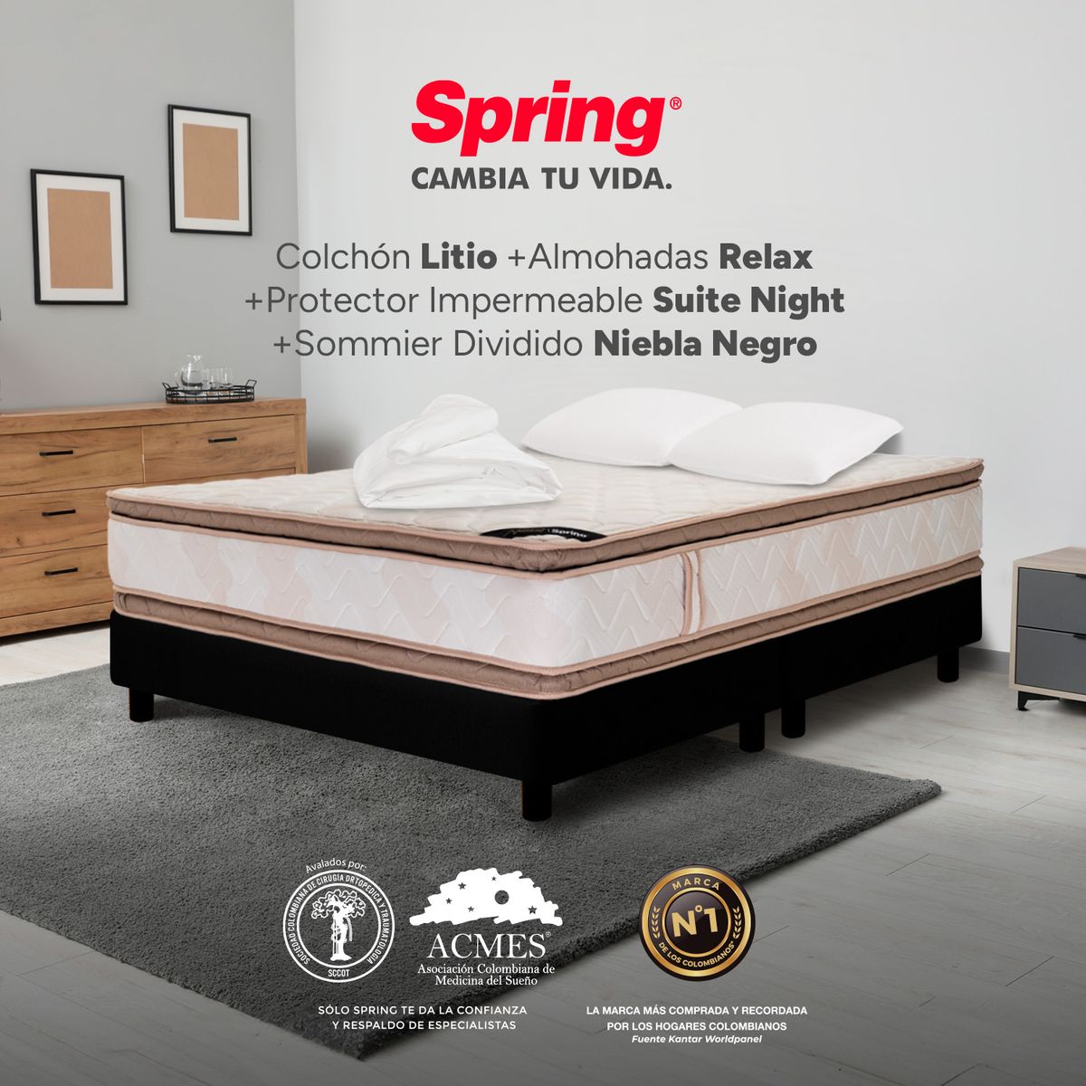 COLCHONES SPRING - Colchón Spring Queen Con Base Cama Firmeza Media Ortopédico Resortado Litio 160 x 190 cm + 2 Almohadas + Protector