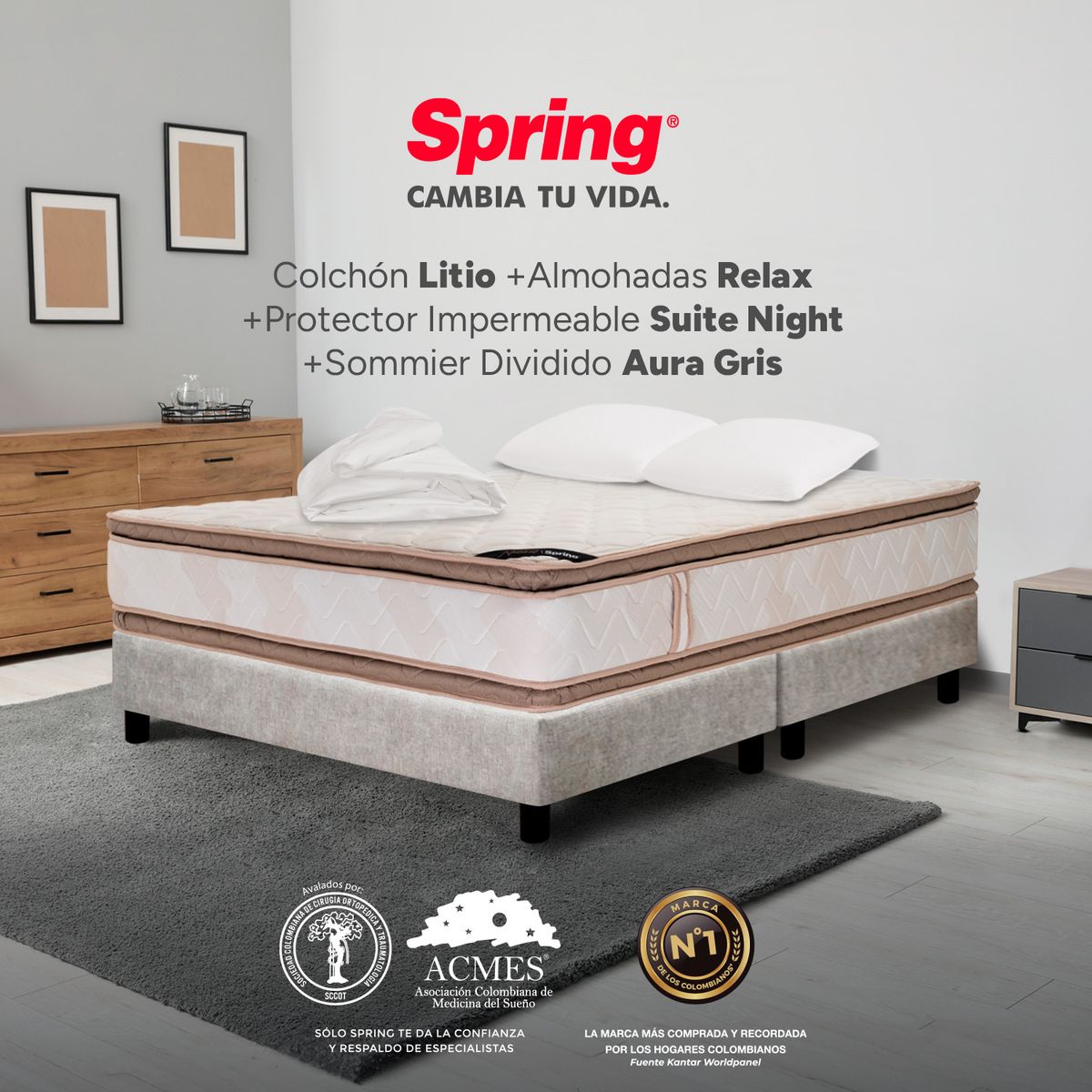 COLCHONES SPRING - Colchón Spring King Con Base Cama Firmeza Media Ortopédico Resortado Litio 200 x 200 cm + 2 Almohadas + Protector