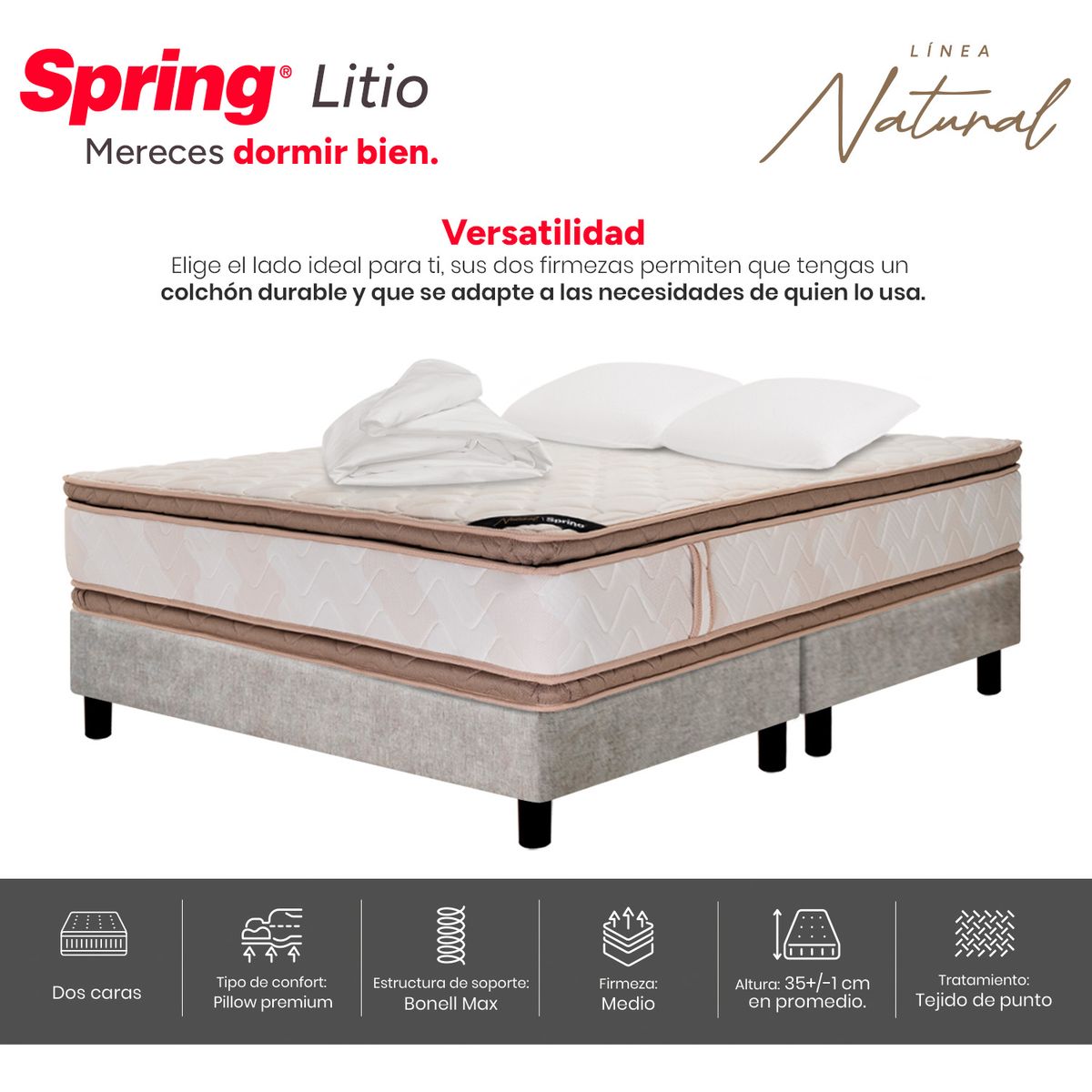 COLCHONES SPRING - Colchón Spring King Con Base Cama Firmeza Media Ortopédico Resortado Litio 200 x 200 cm + 2 Almohadas + Protector