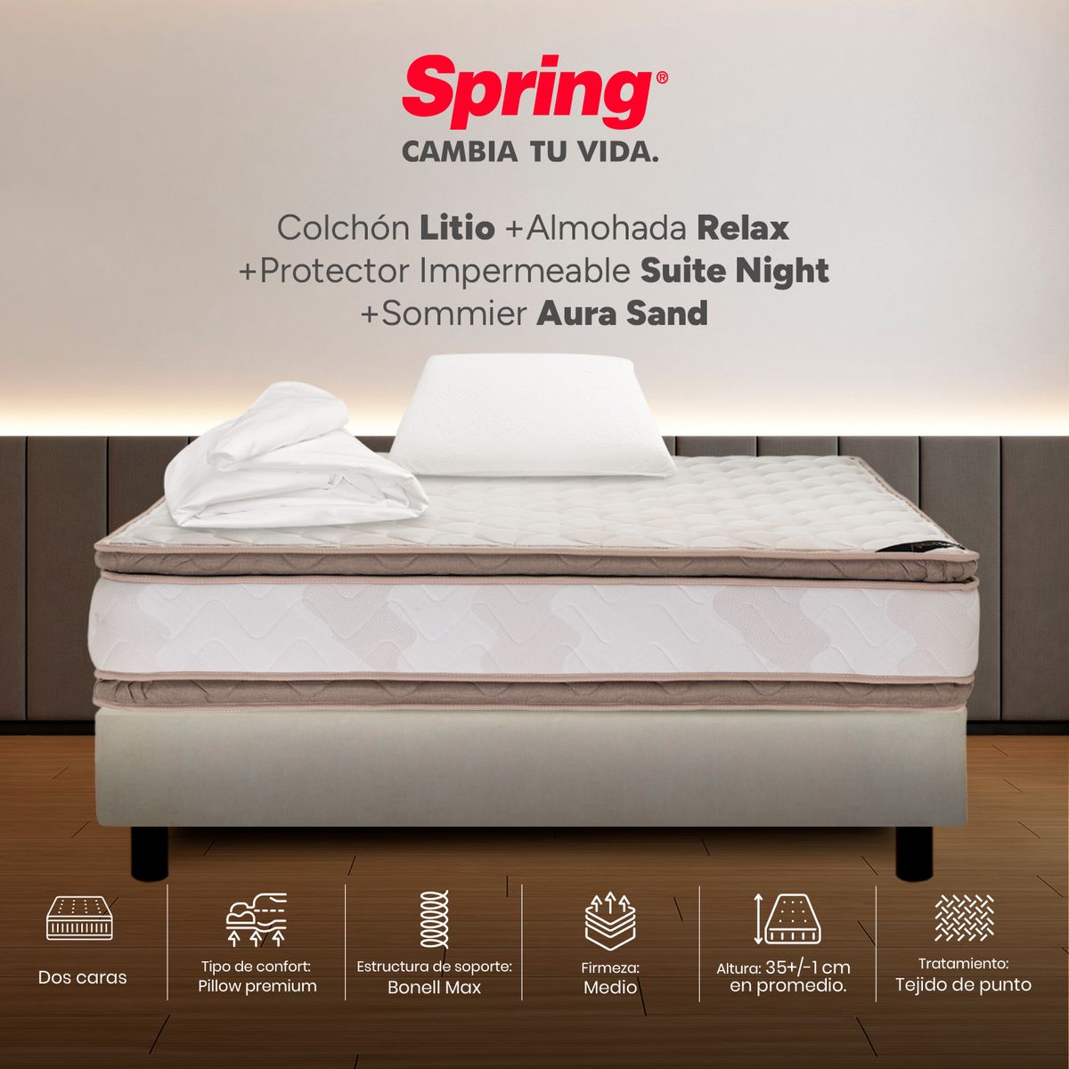 COLCHONES SPRING - Colchón Spring Sencillo Con Base Cama Firmeza Media Ortopédico Resortado Litio 100 x 190 cm + Almohada + Protector