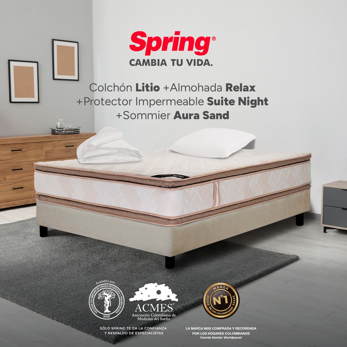 COLCHONES SPRING - Colchón Spring Semidoble Con Base Cama Firmeza Media Ortopédico Resortado Litio 120 x 190 cm + Almohada + Protector