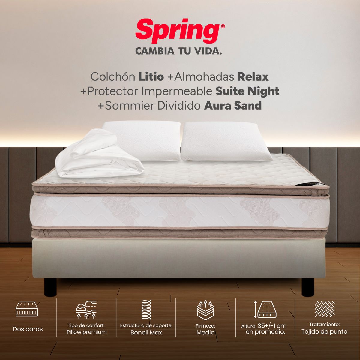 COLCHONES SPRING - Colchón Spring Doble Con Base Cama Firmeza Media Ortopédico Resortado Litio 140 x 190 cm + 2 Almohadas + Protector