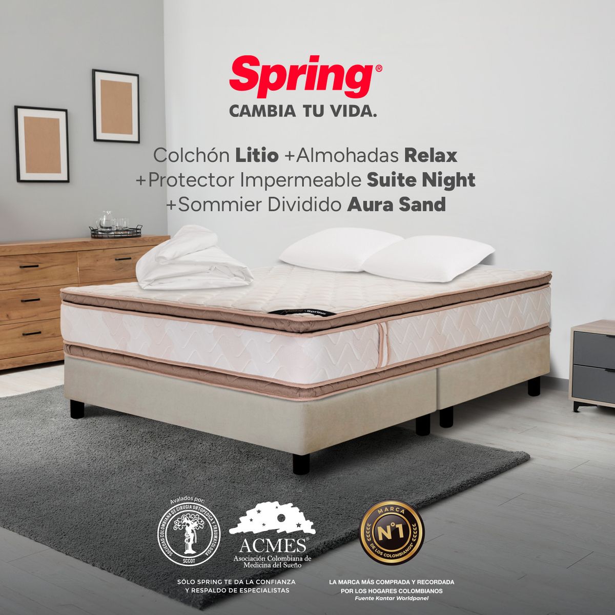 COLCHONES SPRING - Colchón Spring King Con Base Cama Firmeza Media Ortopédico Resortado Litio 200 x 200 cm + 2 Almohadas + Protector