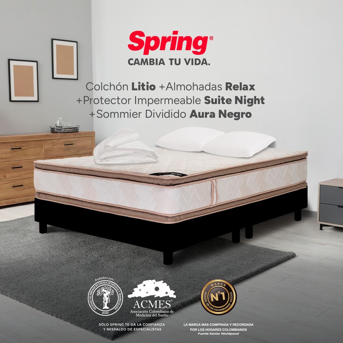 COLCHONES SPRING - Colchón Spring King Con Base Cama Firmeza Media Ortopédico Resortado Litio 200 x 200 cm + 2 Almohadas + Protector