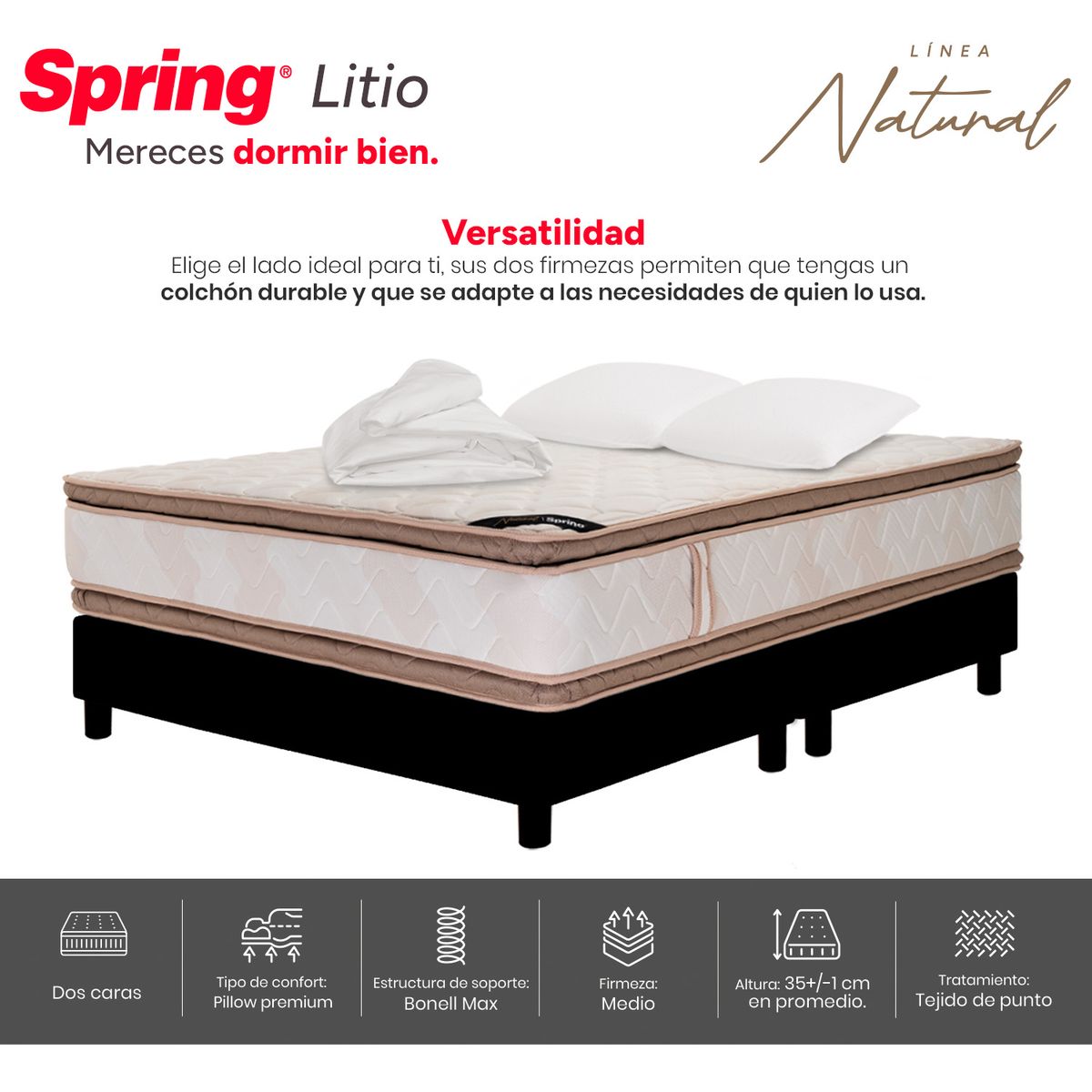 COLCHONES SPRING - Colchón Spring King Con Base Cama Firmeza Media Ortopédico Resortado Litio 200 x 200 cm + 2 Almohadas + Protector