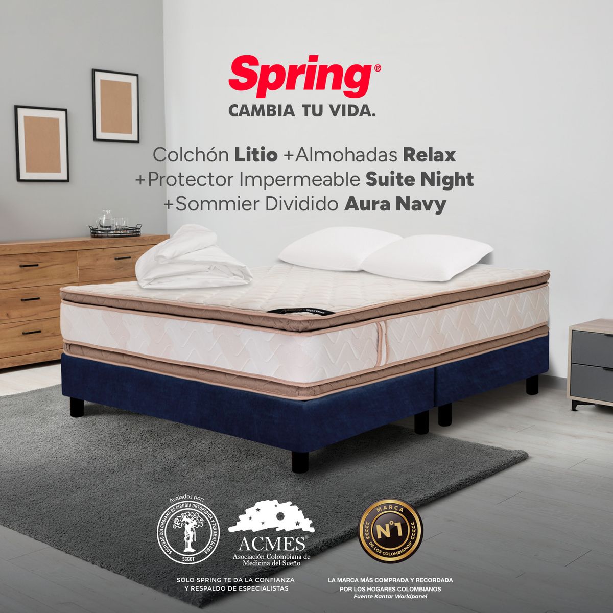COLCHONES SPRING - Colchón Spring Doble Con Base Cama Firmeza Media Ortopédico Resortado Litio 140 x 190 cm + 2 Almohadas + Protector