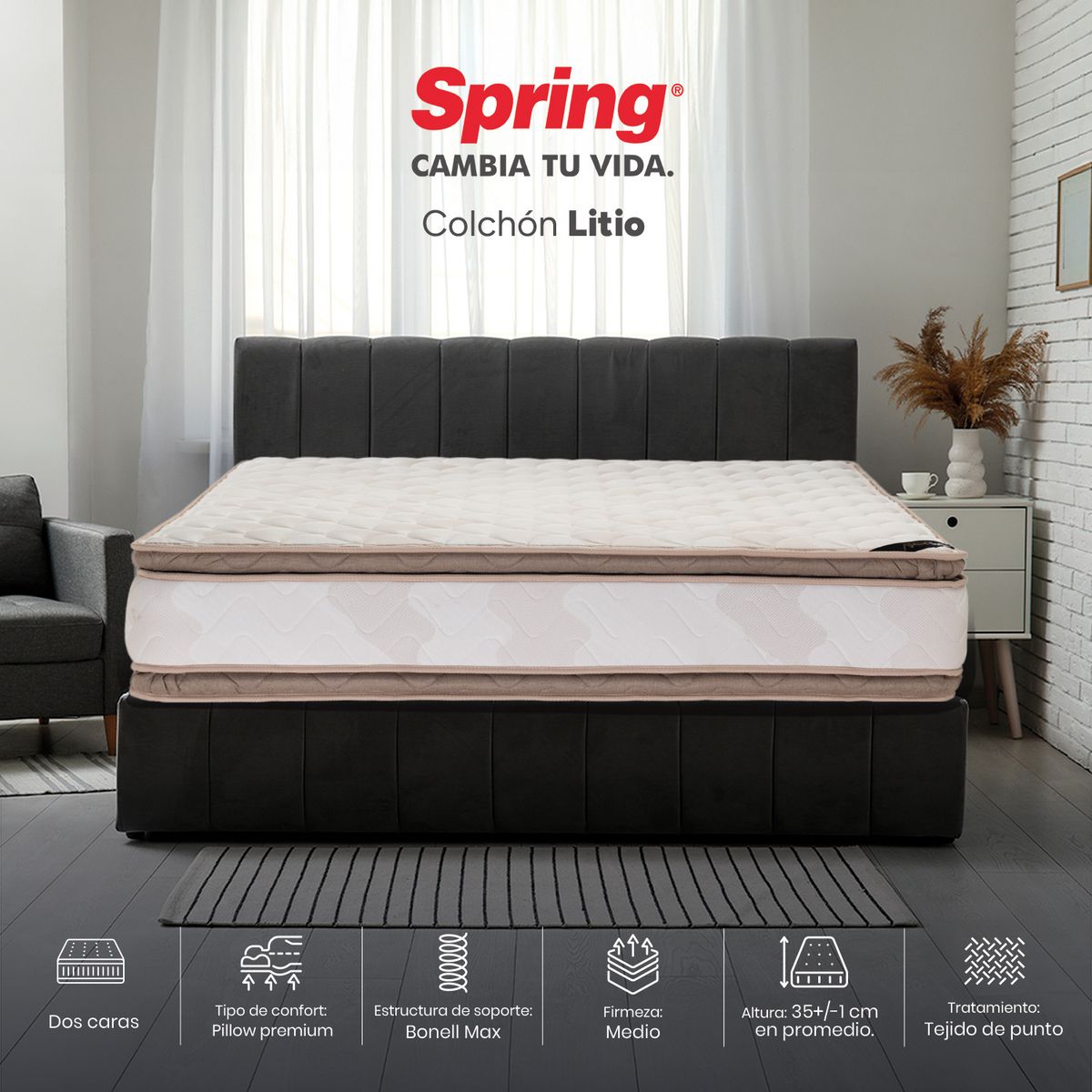 COLCHONES SPRING - Colchón Spring King Firmeza Media Ortopédico Resortado Litio 200 x 200 cm