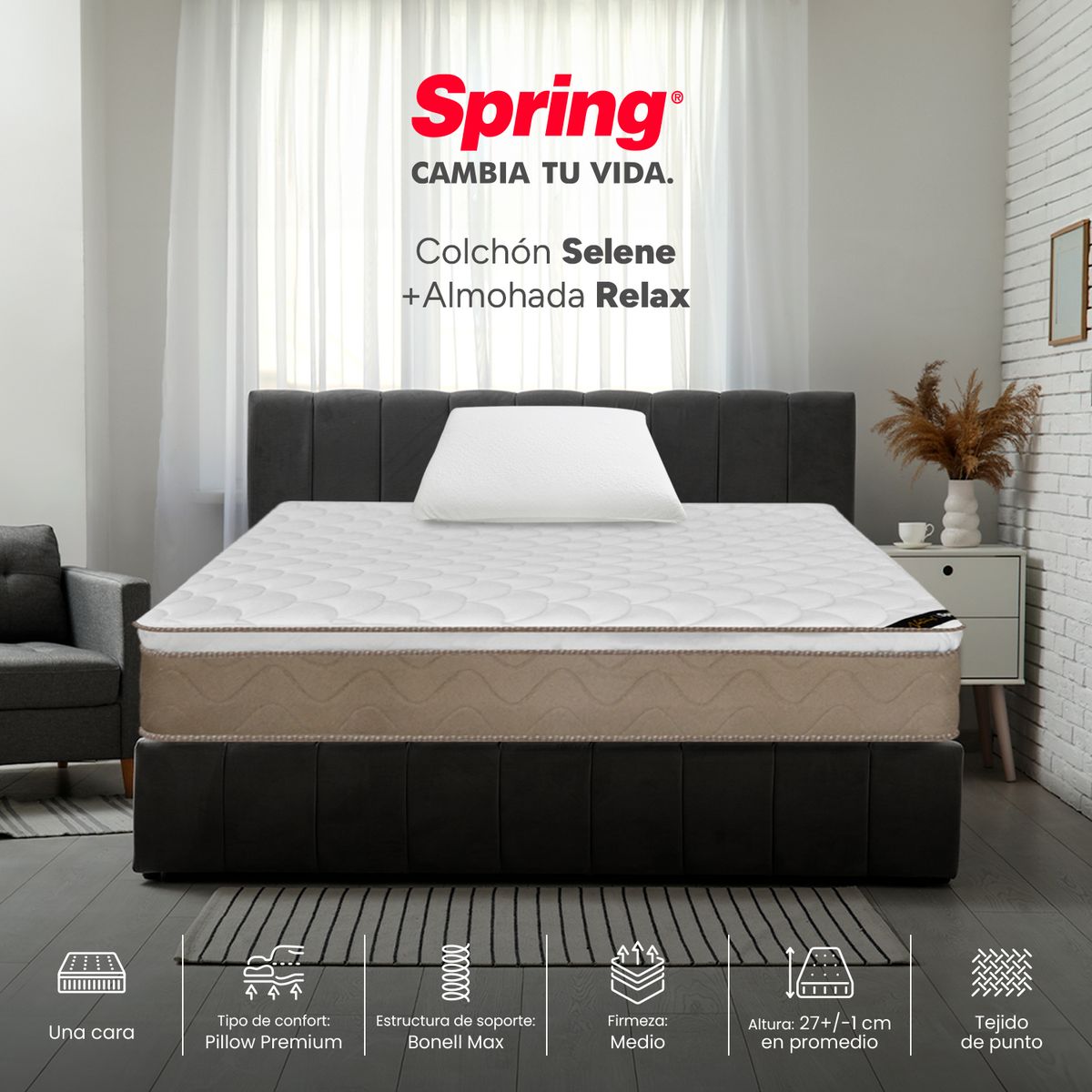 COLCHONES SPRING - Colchón Spring Sencillo Firmeza Media Ortopédico Resortado Selene 100 x 190 cm + Almohada