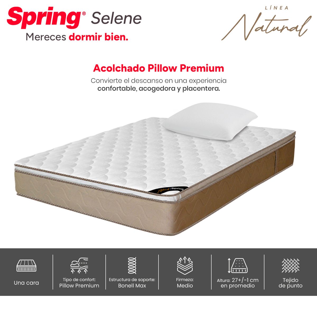 COLCHONES SPRING - Colchón Spring Semidoble Firmeza Media Ortopédico Resortado Selene 120 x 190 cm + Almohada