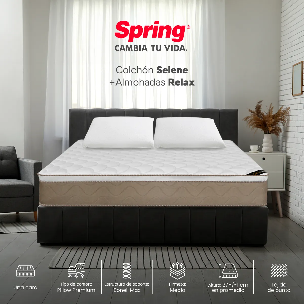 COLCHONES SPRING - Colchón Spring Doble Firmeza Media Ortopédico Resortado Selene 140 x 190 cm + 2 Almohadas