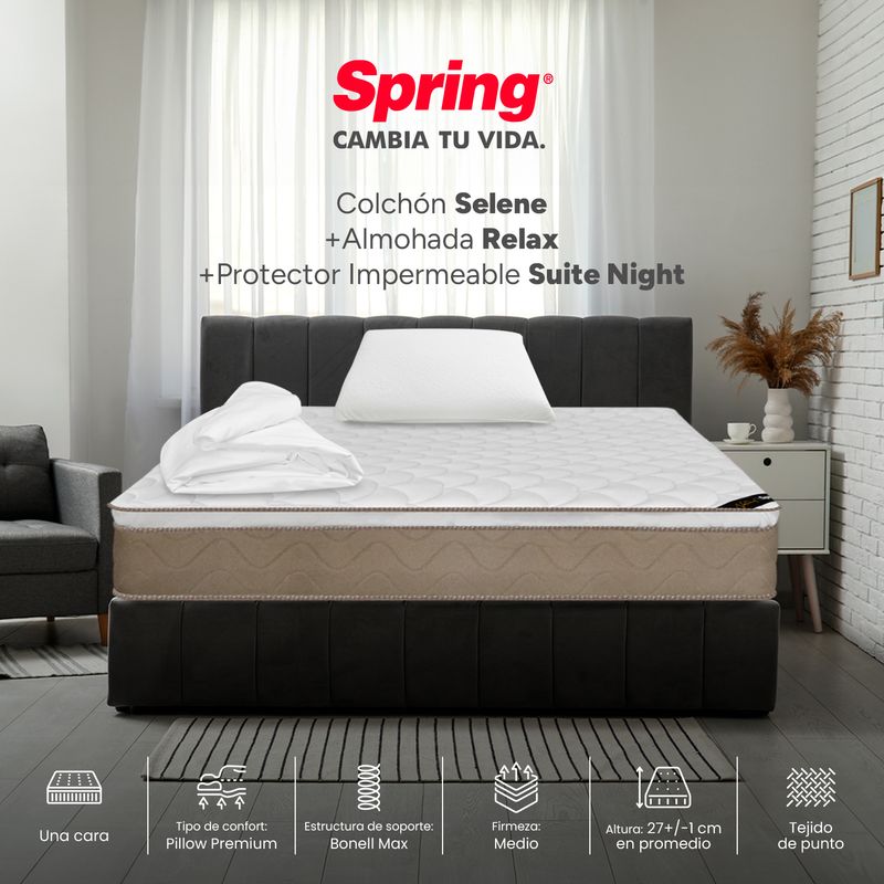 COLCHONES SPRING - Colchón Spring Sencillo Firmeza Media Ortopédico Resortado Selene 100 x 190 cm + Almohada + Protector