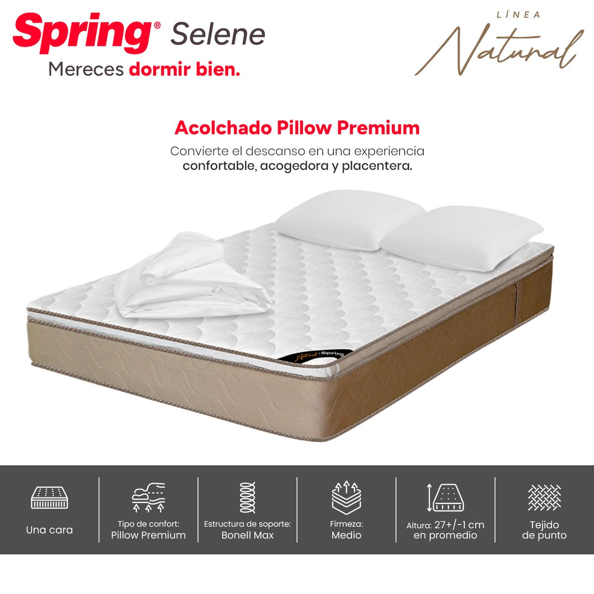 COLCHONES SPRING - Colchón Spring Doble Firmeza Media Ortopédico Resortado Selene 140 x 190 cm + 2 Almohadas + Protector