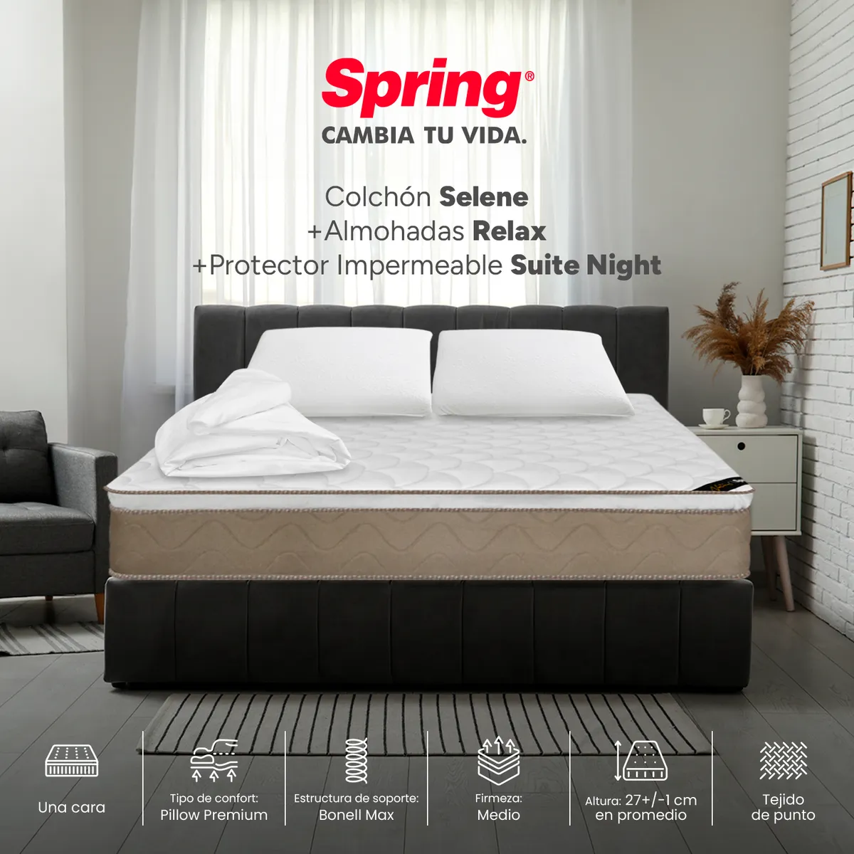 COLCHONES SPRING - Colchón Spring Queen Firmeza Media Ortopédico Resortado Selene 160 x 190 cm + 2 Almohadas + Protector